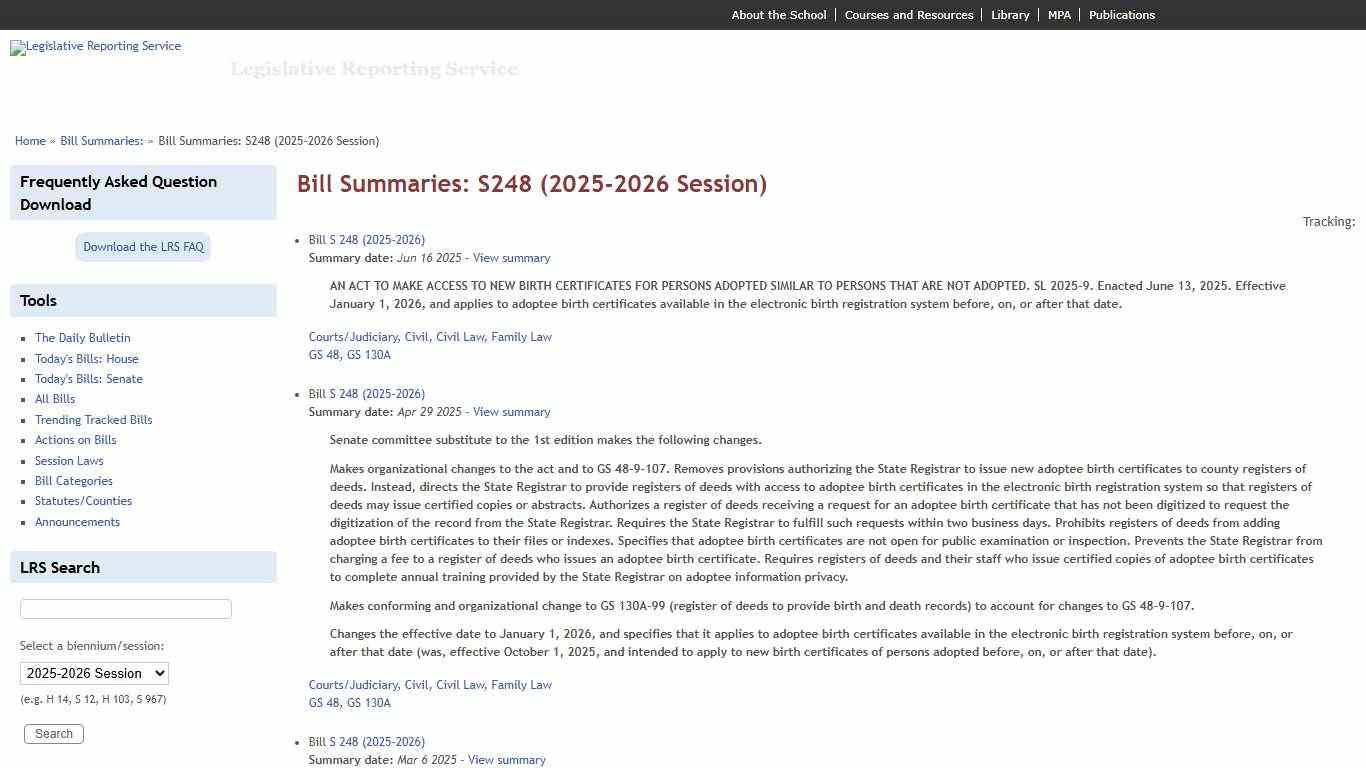 Bill Summaries: S248 (2025-2026 Session) | Legislative Reporting Service