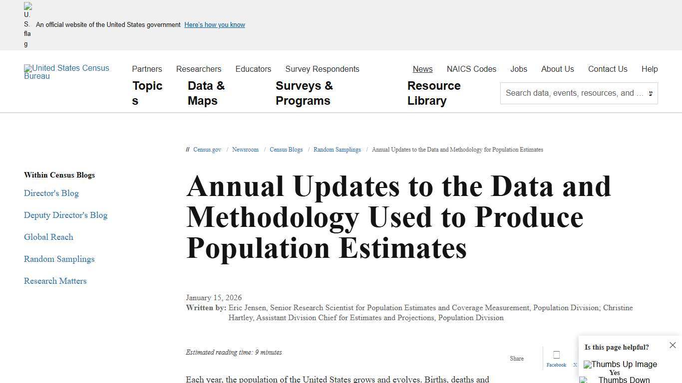 Annual Updates to the Data and Methodology for Population Estimates